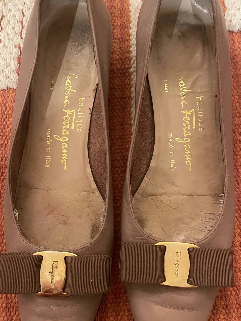 Salvatore Ferragamo Taupe Leather Vara Bow Flats with Gold Accent